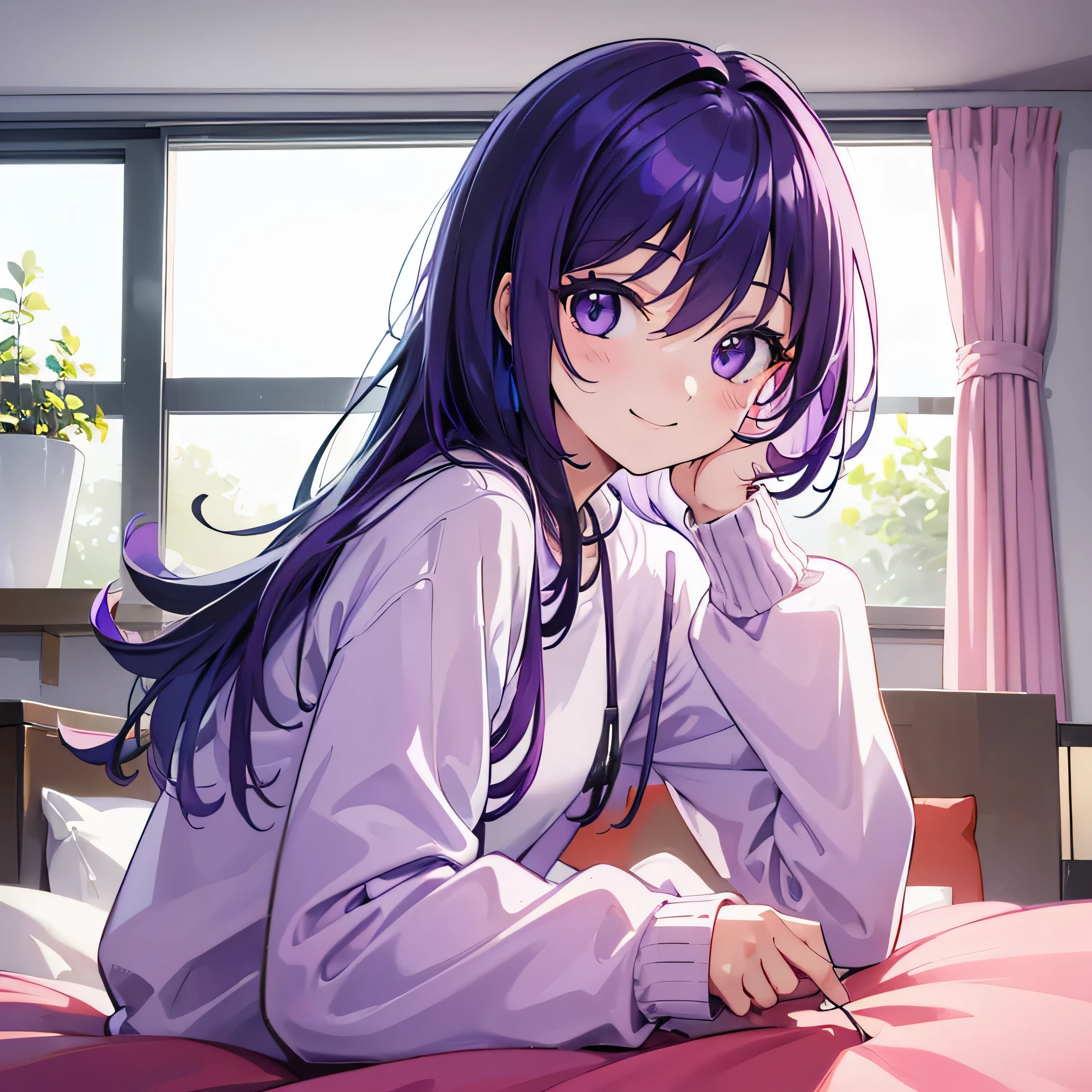 (T Masterpiece,4k wallpaper,Best Quality))、((girl1people))、(solo)、Bright and Brilliant,(Purple Hair)、(Shortcuts:1.3)、smile、Bedroom、sweater、morning