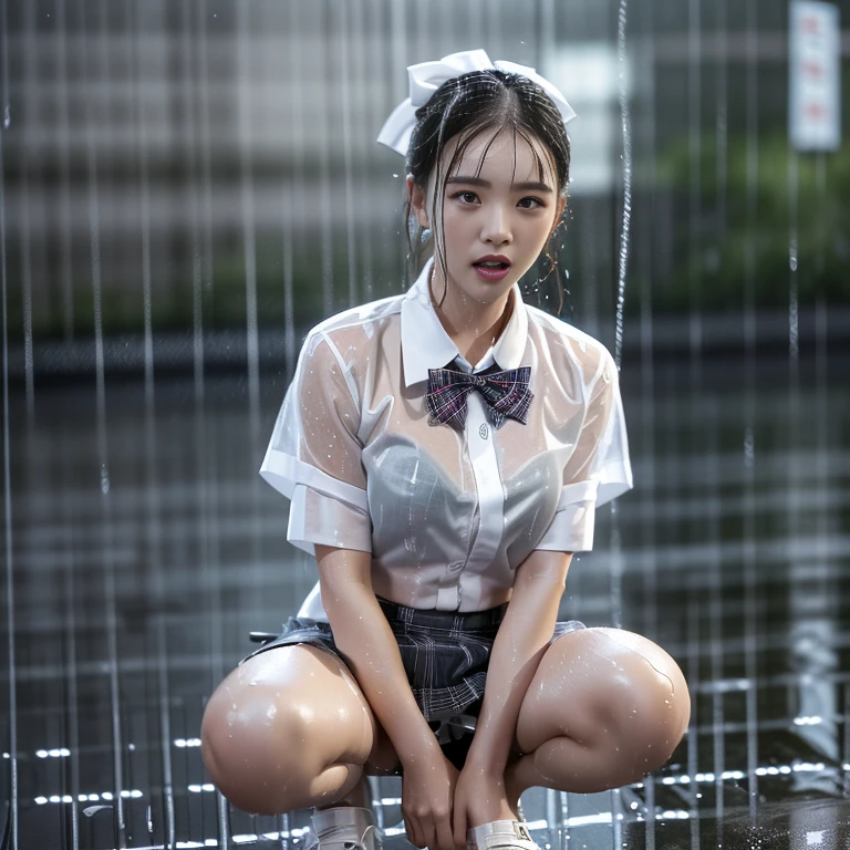 (highest quality、8k、High resolution、masterpiece:1.2)、Young and beautiful woman、(Spread your legs)、(Squat)、(Excited expression)、(White Shirt、A bow tie、Tartan Check Mini Skirt、White panties)、(Heavy rain:1.55)、(Motion Blur Effect:1.5)、(Wet body)、(Skinhead:1.6)、Busy street on a rainy night、neon、(Looking at the camera)、