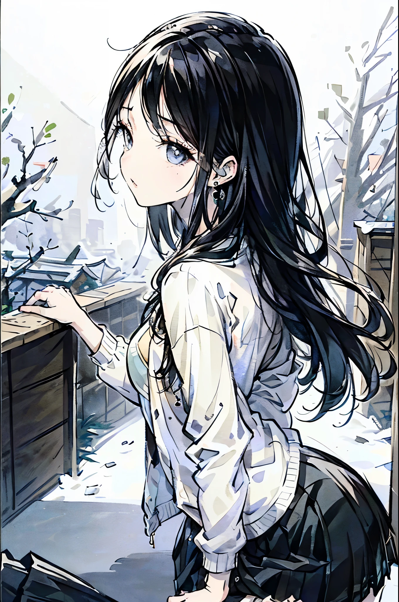 ((Biologically correct number of limbs))、(( Photo with face included))、4K、((Standing posture))、Masterpiece、((focus on the face))、((Symmetrical facial features))、Eyes with detailed description、Beautiful woman、Outstanding style、Beautiful clavicle、Beautiful legs、Beautiful Hands、Slender Body、(stockings、High heels)、Detailed depiction of faces、Small earrings、necklace、(Jacket、shirt、(Checked skirt))、profile、tie、Holiday theme park、(((White oak)))、Droopy eyes、Photographed from diagonally in front、(((Black and White)))、(((Pencil Illustration)))、