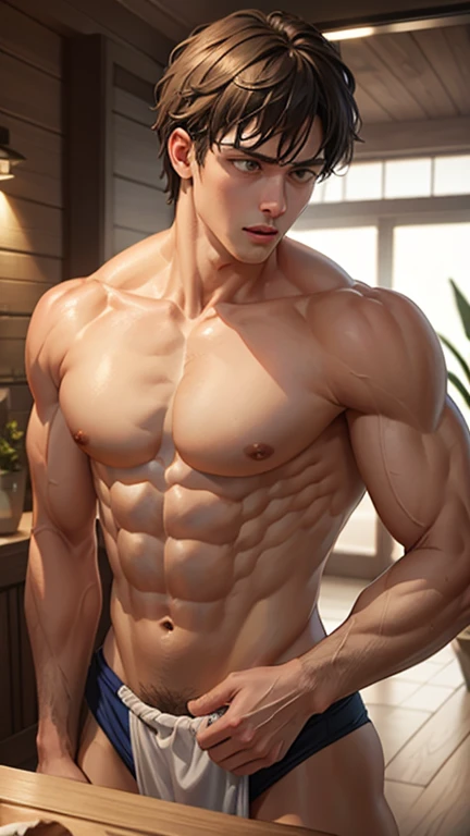 masterpiece, ((masterpiece)), Best quality, complex parts, expressive eyes, perfect face, detailed face, Very detailed and beautiful figurine, ultra-realistic, detailed body, detailed pectoral muscles, ((Male focus)), detailed muscles, convex, не носить топы In the Finnish sauna, Muscular Young man 17 years old In a short loincloth, transparent, top view, back , offers herself erotically tempts seduces offers her ass to a group of guys voluminous elastic buttocks, Group five Sports guys forcefully love him, splashed with sticky of 16 years. Dim light, steam. Only guys, boys, young men, men