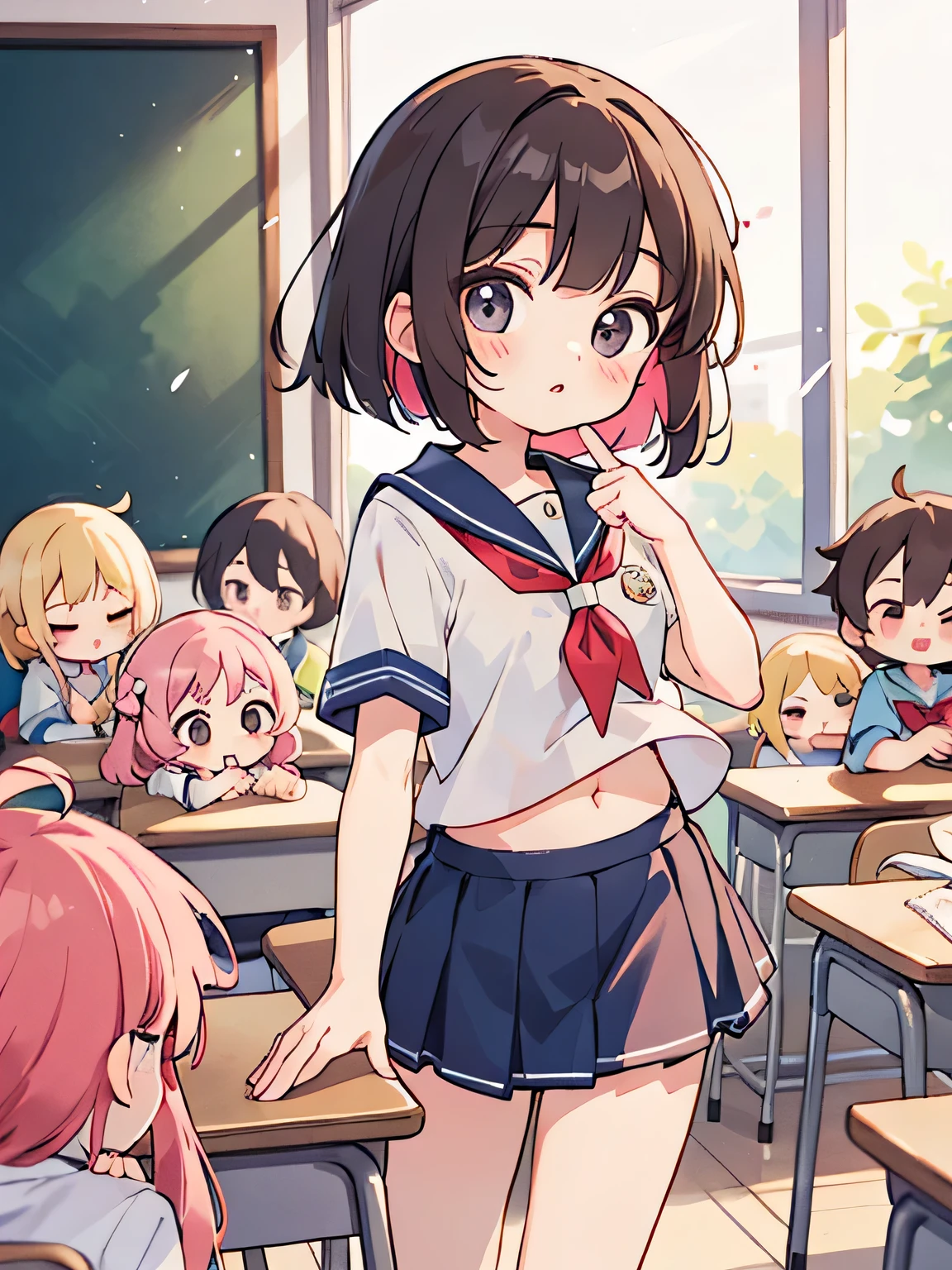 Momoko Sakura style, Kawaii Design, (((many people)))、most beautiful girl ever、Chibi, Colorful bob hair、((Lots of friends))、(((school uniform)))、classroom、((Ultra mini skirt))、Belly button visible