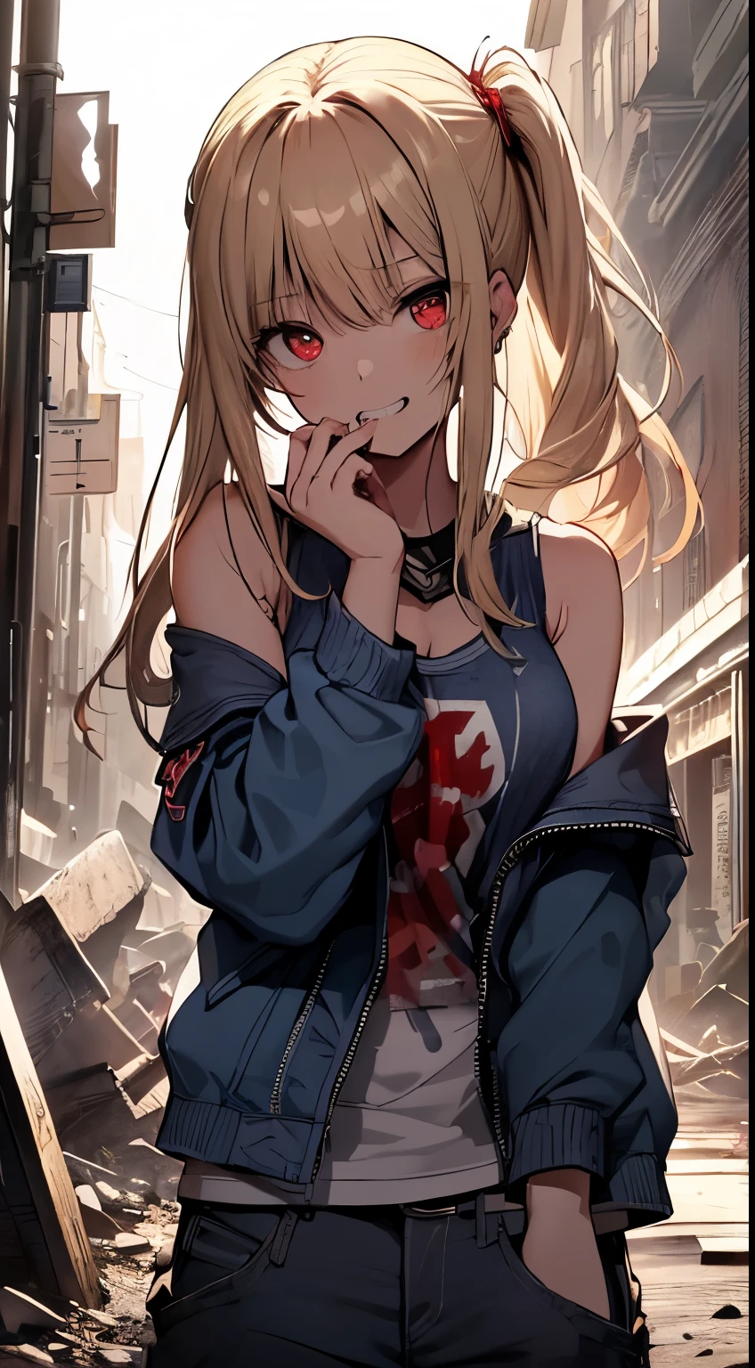 top-quality、Top image quality、masterpiece、girl with((18year old、tatteredclothing、Black tank top、Blue jacket、White pants、Best Bust、Bust 85、a blond、poneyTail、Red Eyes、open chest wide、Happiness、Return blood、Blood from the mouth、Hold the guitar、vampire teeth))hiquality、visualart、Background with((World of War,World of the Apocalypse、Nightmare))、