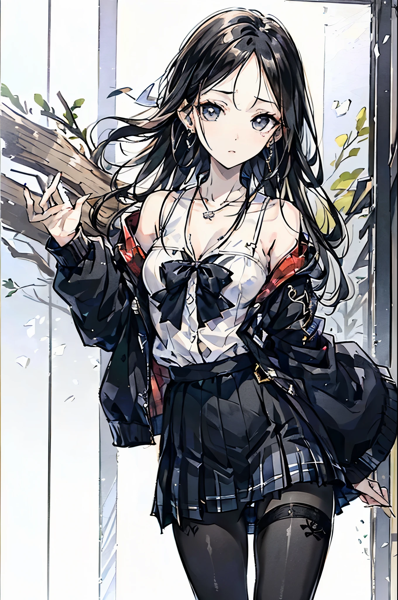 ((Biologically correct number of limbs))、(( Photo with face included))、4K、((Standing posture))、Masterpiece、((focus on the face))、((Symmetrical facial features))、Eyes with detailed description、Beautiful woman、Outstanding style、Beautiful clavicle、Beautiful legs、Beautiful Hands、Slender Body、(stockings、High heels）、Detailed depiction of faces、Small earrings、necklace、(Jacket、shirt、(Checked skirt))、profile、tie、Holiday theme park、(((White oak)))、Droopy eyes、Photographed from diagonally in front、(((Black and White)))、(((Pencil Illustration)))、