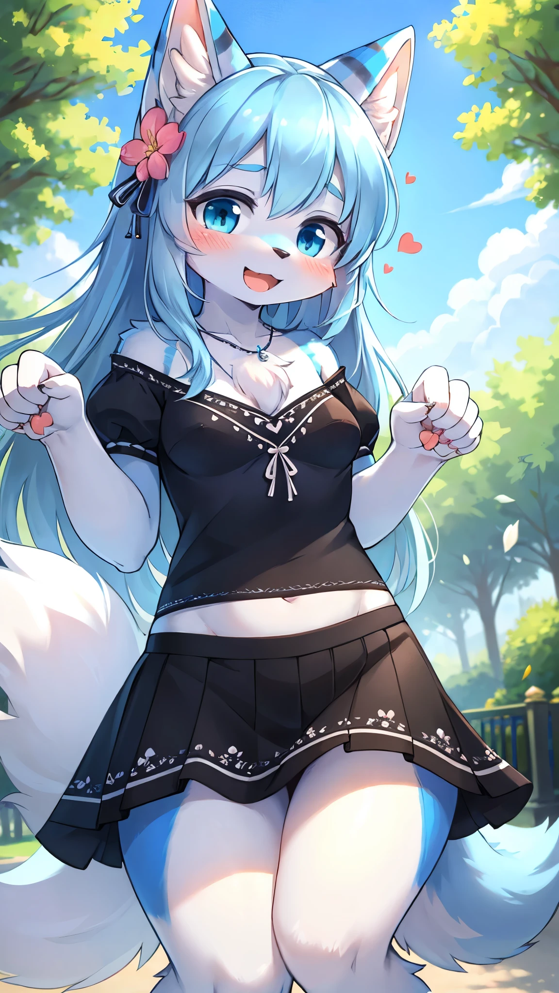 best quality,best resolution,(fluffy anthro furry :1.6),light blue fox girl,small breasts,light blue hair,long hair,wavy hair,light blue fur,flower hairpin,heart necklaces,dark blue camisole with flower embroidery,black skirt,beautiful public park,looking at viewer,full face blush,shy face,smile,heart eyes,heart expression eyes,upper body only,open mouth,paw pose,front view