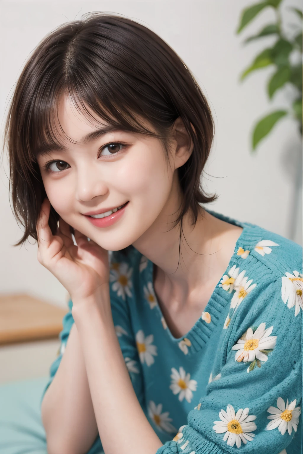 215 Short Hair, 20-year-old woman, A kind smile, Floral
