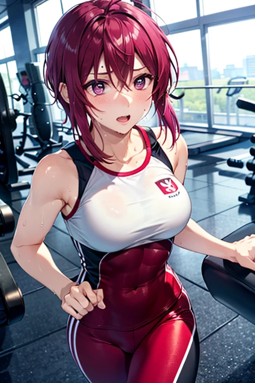 (8K、top-quality、​masterpiece:1.2)、(realisitic、ultra-detailliert、超A high resolution,beautifull detailed face,perfect body,perfect lighting,constriction,beautiful detailed skin,skin texture,(1girl), bodysuits,sleeveless, short hair, ahoge, red hair, purple eyes, purple hair, , (running at the gym,sweat:1.2,tired)
