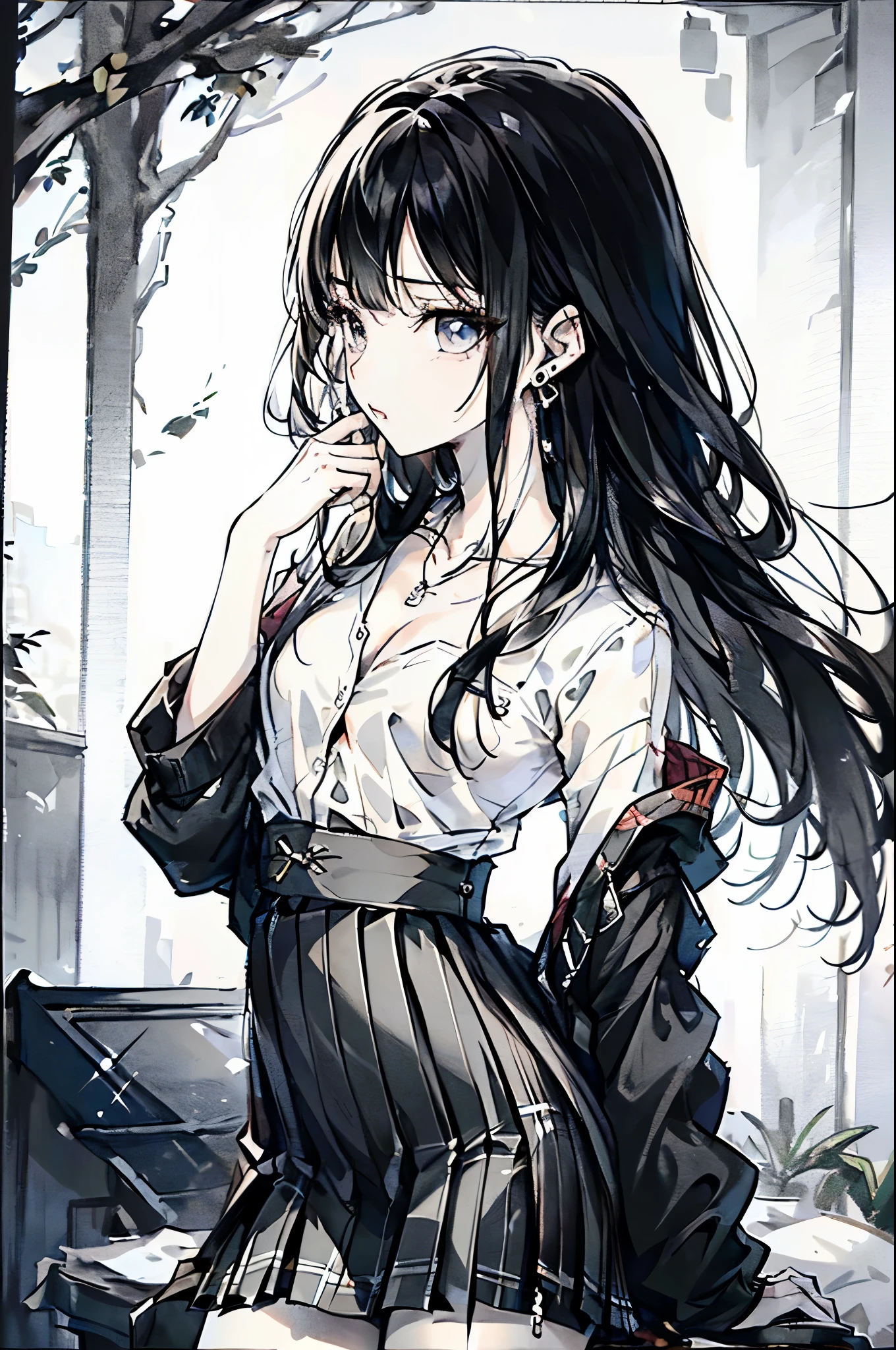 ((Biologically correct number of limbs))、(( Photo with face included))、4K、((Standing posture))、Masterpiece、((focus on the face))、((Symmetrical facial features))、Eyes with detailed description、Beautiful woman、Outstanding style、Beautiful clavicle、Beautiful legs、Beautiful Hands、Slender Body、(stockings、High heels)、Detailed depiction of faces、Small earrings、necklace、(Jacket、shirt、(Checked skirt))、profile、tie、Holiday theme park、(((White oak)))、Droopy eyes、Photographed from diagonally in front、(((Black and White)))、(((Pencil illustration)))、