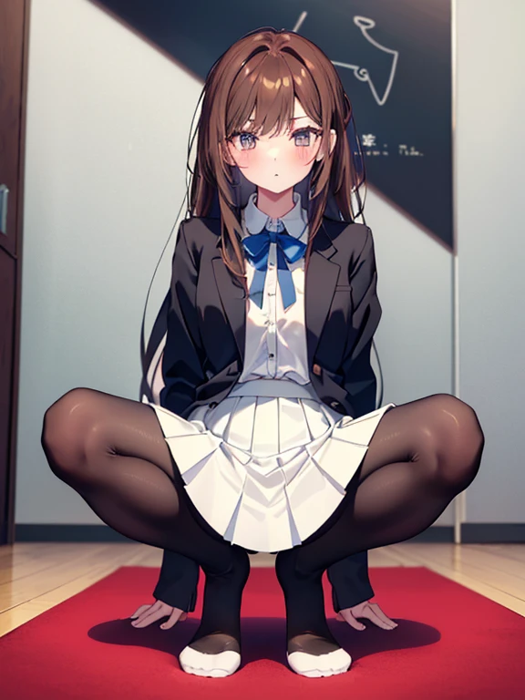 finest, masterpiece, High resolution, (Full body diagram from head to toe), front, Composition from slightly below the front, symmetry, 18 year old tall girl, alone, (whole body from head to toe), (small breasts), Unkempt brown hair, bangs, (black tights), (black pantyhose), (sit with legs spread), (squatting pose), (Composition showing white panties), (her legs spread、I can see white pants.), (I was made to sit on the floor with my legs apart..), (M-shaped spread legs), thin legs, A very beautiful and tall 18 year old girl, (not wearing shoes), blush, shy big eyes, looking at camera, blazer uniform, plaid pleated skirt
