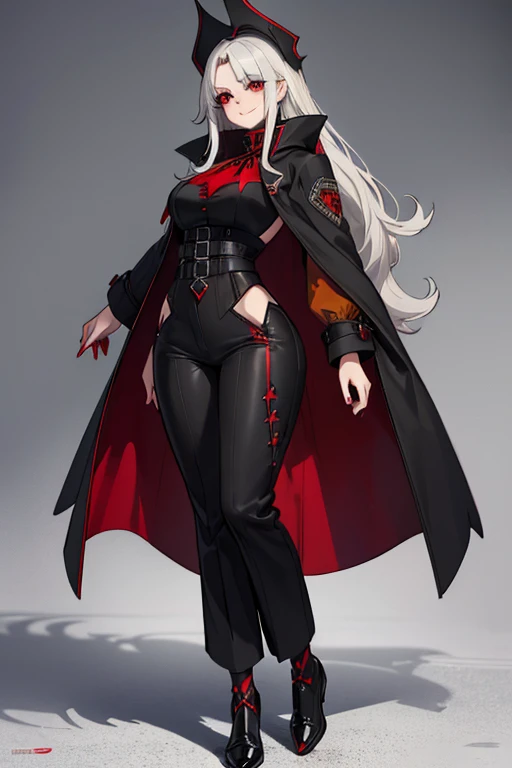 female, silver long hair with black highlights, red eyes, (((1girl))), (((red gothic coat with yellow trim))), (black shirt), (red pants), (black dress shoes), cute and sexy, full body, large breasts, large butt, long legs, smiling