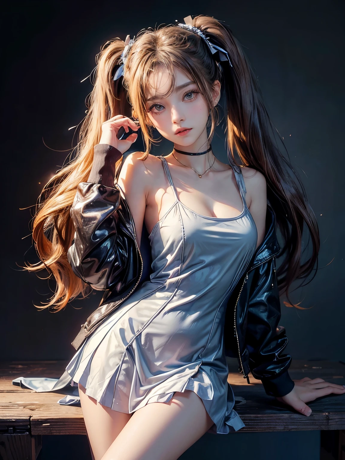 (high quality,masterpiece,uhd,4k,8k),cute girl,realistic girl,twin tails,teen ager,meddium breasts,lolita mini dress,Beautiful clavicle、Wearing a short jacket、end card