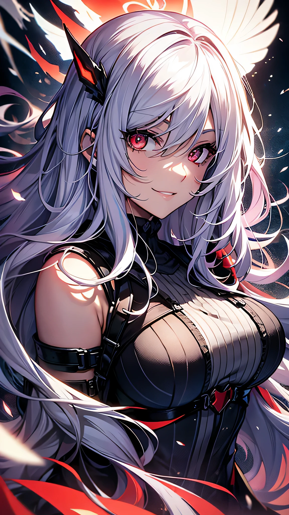 最high quality、Best image quality、masterpiece、girl((18-year-old、 By becoming、Best Bust、Medium Bust,Wide open breast tea、Red glowing eyes,Silver Hair、Disheveled Hair、Long Hair、thin,The highest valley、Beautiful valley、White wristband、smile、hair ornamentany accessories、Black clothes、red body line、Angle from directly above、Disheveled clothing、Show the whole body,Floating State、Excited face,No sleeve)),high quality、Beautiful art、background((universe))、Flight、Flying debris、Written boundary depth、movie、Visual Arts、Perfect art、8K,Genuine、depth((sun))