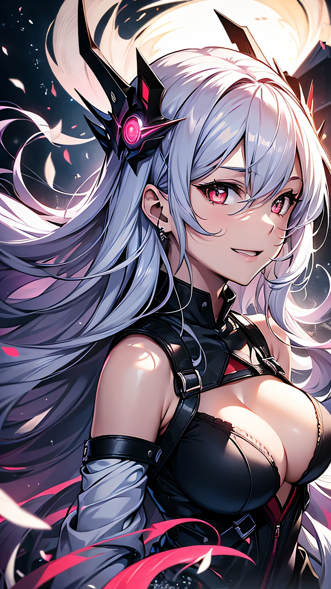 最high quality、Best image quality、masterpiece、girl((18-year-old、 By becoming、Best Bust、Medium Bust,Wide open breast tea、Red glowing eyes,Silver Hair、Disheveled Hair、Long Hair、thin,The highest valley、Beautiful valley、White wristband、smile、hair ornamentany accessories、Black clothes、red body line、Angle from directly above、Disheveled clothing、Show the whole body,Floating State、Excited face,No sleeve)),high quality、Beautiful art、background((universe))、Flight、Flying debris、Written boundary depth、movie、Visual Arts、Perfect art、8K,Genuine、depth((sun))