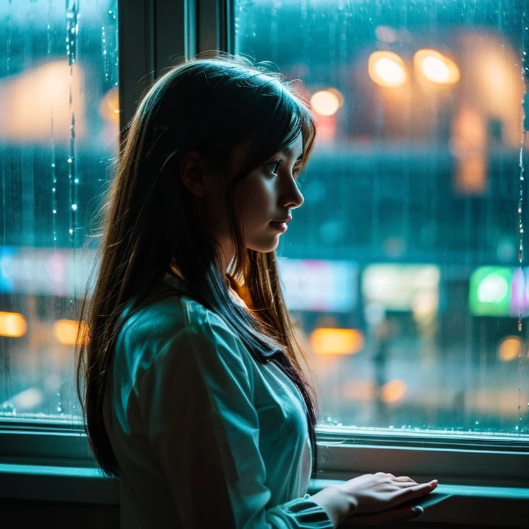 rain,window,Beautiful young woman looking out the window sadly,Long Hair,Outside the window is a busy street,Bright lights,night,Rainy Night,