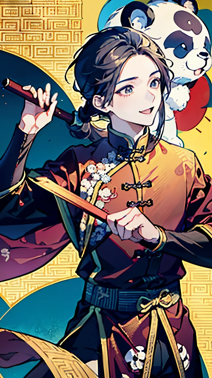 ((Two boys around 16 years old)),(Ancient Chinese priest-like costume),((Chinese martial arts fighting pose)),((long hair:1.35)),Hair tied to one side,smile,A fantastic atmosphere,(panda pattern background),((Overall a colorful and lively atmosphere))
