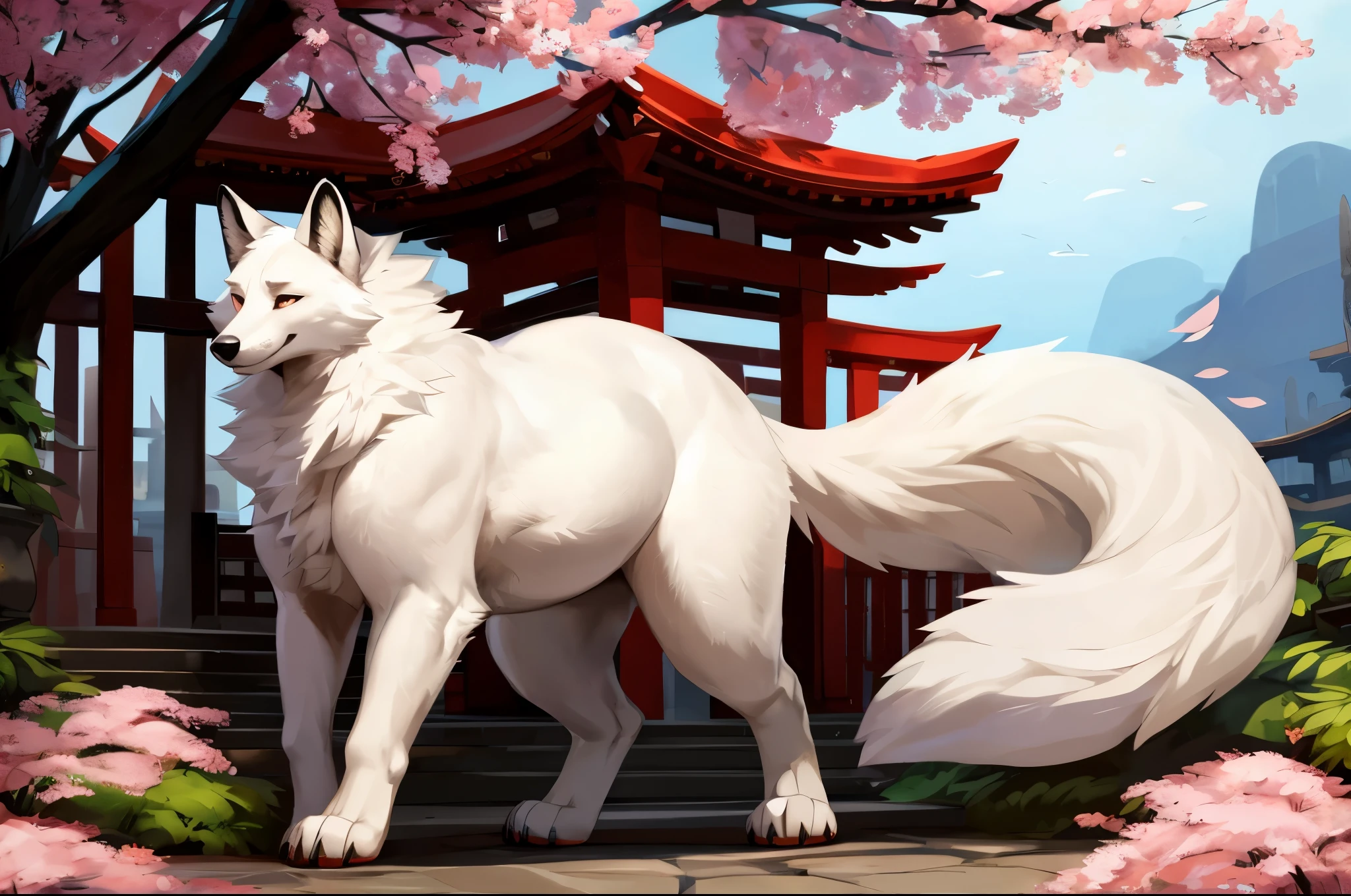4k ultra quality, 4k full body view,(ultra high detailed body),((feral)) fox,by mystikfox61, by glitter trap boy,feral paws, by bebebebebe,by morethreedee, by seibear,(thick thigh),(chubby thigh),thicc thigh,thick legs,chubby legs,thicc legs,massive butt,enomorous thigh,massive thigh,massive legs,thick lower legs,wide legs,(detailed thigh),(wide thigh),fluffy belly sharp nails,((sfw)),(ultra detailed face),detailed eyes,big tail,fluffy tail,(detailed tail),enomorous tail,bigger tail,huge tail,volumetric light,muscle legs,big paws,(thick paws),fluffy paws,furry paws,enomorous paws,(animal) focus, beast,(bigger lower body),strong lower body,(long legs),front view,master works, super fine, 4k resolution, high quality,high picture detail,dark fantasy,illusory engine, Masterpiece,dire fox,faint lighting,sakura,shrine,white fox,white fur,huge fox,feral belly