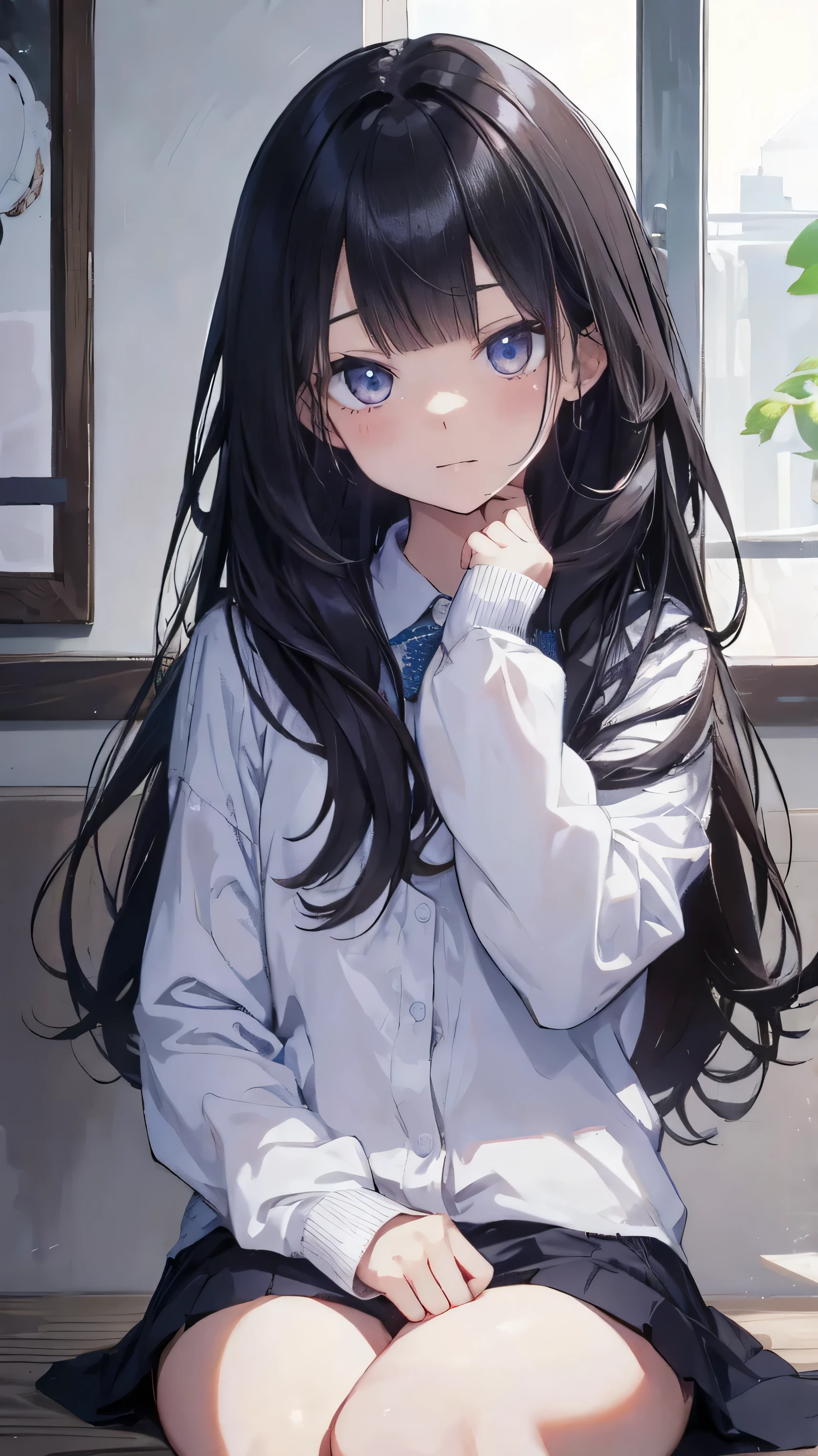 Masterpiece、Highest quality、highest quality、Black Hair、(((Lori)))、 ((Petite))、Shiny hair quality、Small face、Sitting、Super detailed, beautiful, wide eyes、Ultra-detailed, clear and beautiful faces、(cute illustration:1.2), High-resolution, ultra-detailed, best quality, embarrassed