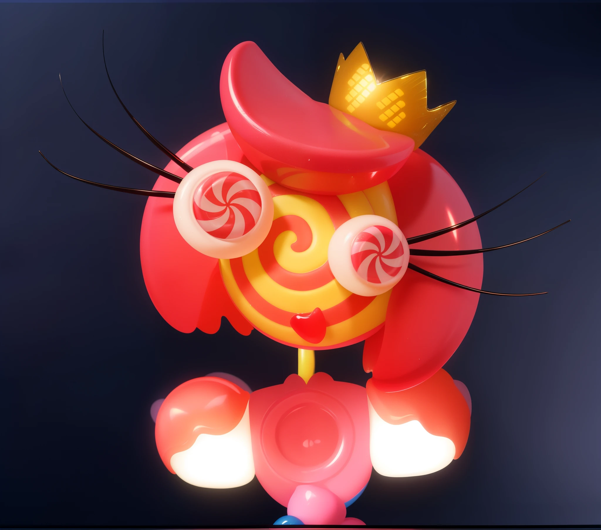 Generate a realistic image of a 'Candy Princess': she's pink, crafted entirely from candies and lollipops. She wears a lavish dress resembling a cake, with glossy, high-quality textures. Her head is also candy-like, with eyes resembling candies. Emphasize the details and add shades that enhance the sweetness and luxury effect., candy girl, glossy candy texture, smooth 3d model, multiple light sources, rim light, sharp post effects render, (glossy candy texture with multiple big light probe refractions), perfect cgi, smooth silhouette, high intensity refraction, (super glossy lollipop), most beautiful vfx, candy refractions, realistic, 4k, high resolution, rim light, photo shoot, commercial photo, profile shot, 4k, rim light, high resolution, 4k, glossy texture, smooth 3d model, multiple light sources, rim light, sharp post effects render, (glossy candy texture with multiple big light probe refractions), perfect cgi, smooth silhouette, high intensity refraction, (super glossy candy material), most beautiful vfx, blue background, chrome lollipop refractions, multiple light sources, rim light, sharp post effects render, perfect cgi, digital art, detailed digital art, reflective, best quality, 4k, masterpiece:1.2, ultra-detailed, realistic, vivid colors, dark and moody lighting, The image of the highest quality, ensuring every detail showcased perfectly. It in 4k resolution, allowing viewers to immerse themselves in the richness of the colors and intricate details. The realistic rendering. under the spotlight, reflecting, high-resolution image, realistic rendering, dark background, and rim light photorealisti