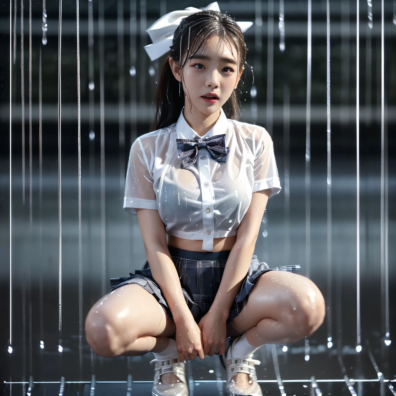 (highest quality、8k、High resolution、masterpiece:1.2)、Young and beautiful woman、(Spread your legs)、(Squat)、(Excited expression)、(White Shirt、A bow tie、Tartan check mini skirt、White panties)、(Heavy rain:1.55)、(Motion Blur Effect:1.5)、(Wet body)、Busy street at night、neon、(Looking at the camera)、