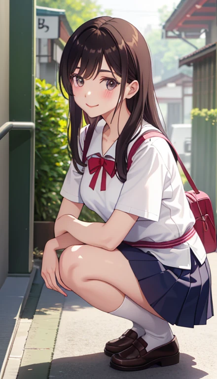 1girl in、AS-Adult、A smile、The shirt、skirt by the、（small tits）Chilarism、Japan High School Student Uniform、serafuku、summer clothing、（Sheer Bra）、Upper body portrait、Squatting panchira、