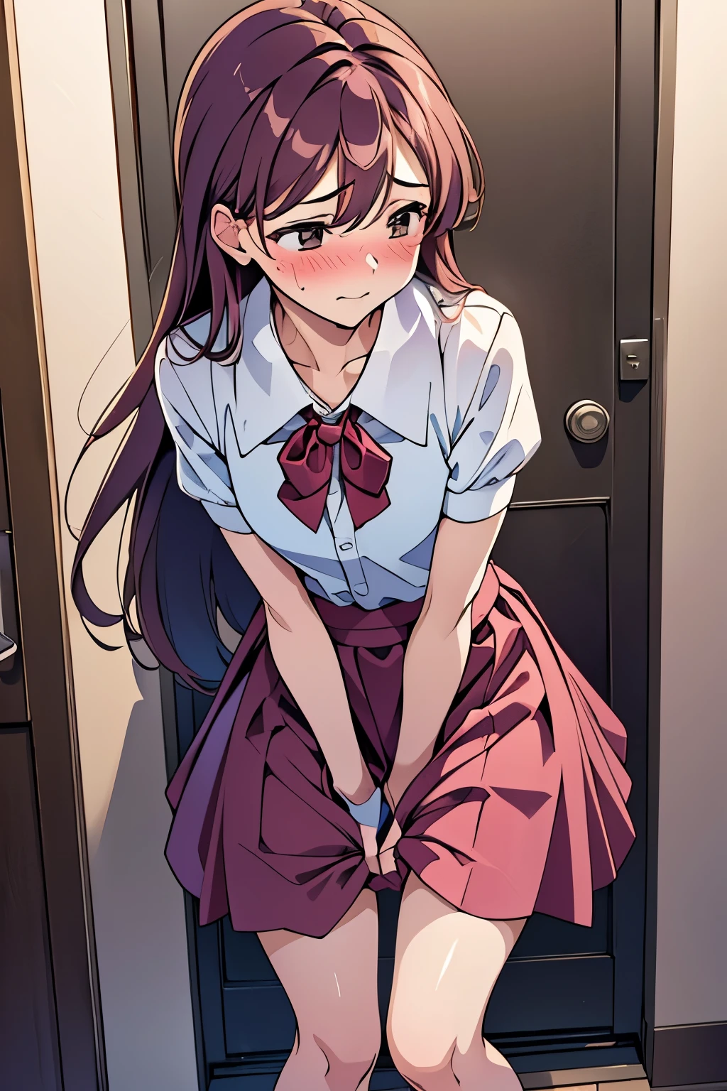 (ultra-detailed, best quality, anatomically perfect body), (small breast:1.3), shiny skin, (Various girls), (have to pee), (urge to pee:1.3), (very desperate to pee:1.2), (bladder crisis), (restroom entrance), (waiting for restroom with line of girls in queue:1.3), (standing), (various kind blouse), (various colors long skirt:1.4), (various kind footwear), (various hairstyle), various bag, (knees together and feet apart:1.2), (Rub each other's thighs:1.2), leaning forward, (hand in panties), (hand between legs), (holding the crotch:1.3), (nose blush:1.1), (embarrassment1.4), (impatience:1.3), (in a panic:1.1), (fidgeting around:1.4), flowing sweat, (closed mouth tightly), (erotic body twist:1.3), (breathless), (closed eye tightly:1.1), looking away, from side, from back, (very Bright),