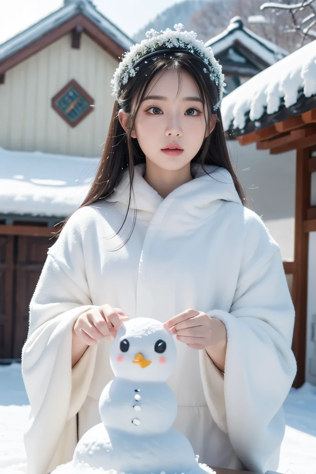 _Model shooting style, banchan is happily making a snowman with olive eyes, Single house background, Snow mountain background, snow, (Banchan green hair:0.8), (Banchan yellow hair:0.7), (banchan ombre hair:0.4),  (Focus on Panchen Lama: 0.8), Zoom lens shooting, Studio Ghibli, (((masterpiece))), (((best quality))), (Extremely detailed CG Unity 8K wallpaper)
