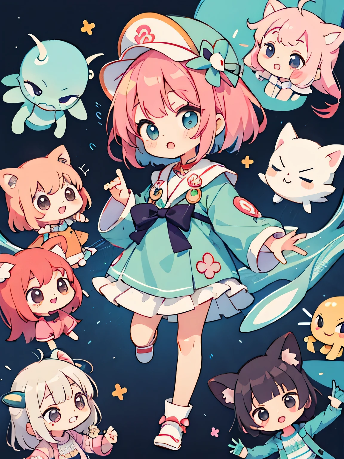 Momoko Sakura style, Kawaii Design, (((many people)))、Very cute alien、Chibi, Colorful bob hair、((Lots of friends))、(((alien)))、