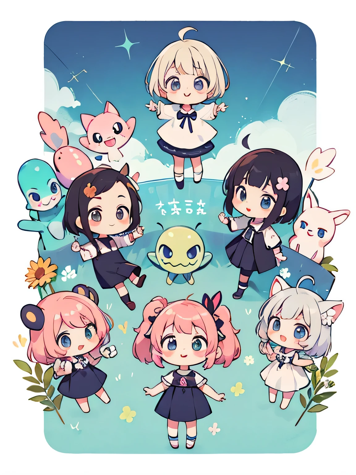 Momoko Sakura style, Kawaii Design, (((many people)))、Very cute alien、Chibi, Colorful bob hair、((Lots of friends))、(((alien)))、