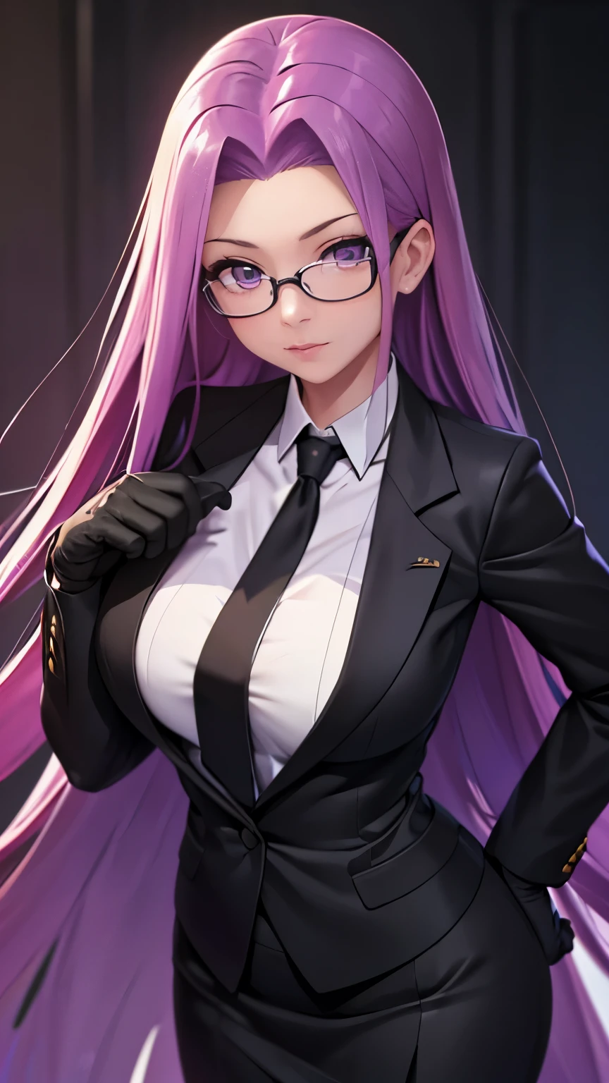 highest quality,masterpiece,High resolution,only,{Black business suit:1.40},{tie:1.20},{White gloves:1.15},{ White shirt:1.10}, {Black Skirt:1.15}, good looking, {Medusa_FGO:1.15}, length_hair, purple_hair, very_length_hair, purple_eye, chest, big_chest