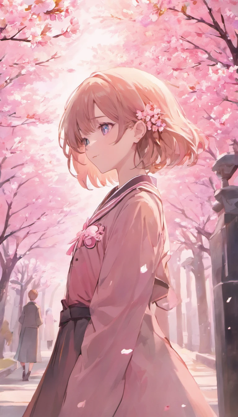 Upper body,uniform、School building、girl、Fluttering cherry blossoms,Low Saturation,pale( Streamlined Design, clear lines, High Sharpness,highest quality, Very detailed, masterpiece, Cinematic lighting effects, 4K )