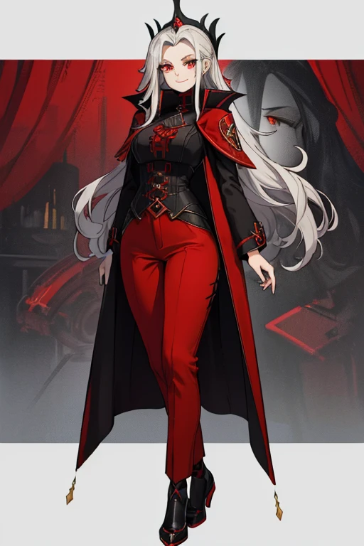 female, silver long hair with black highlights, red eyes, (((1girl))), (((red gothic coat with yellow trim))), (black shirt), (red pants), (black dress shoes), cute and sexy, full body, large breasts, large butt, long legs, smiling