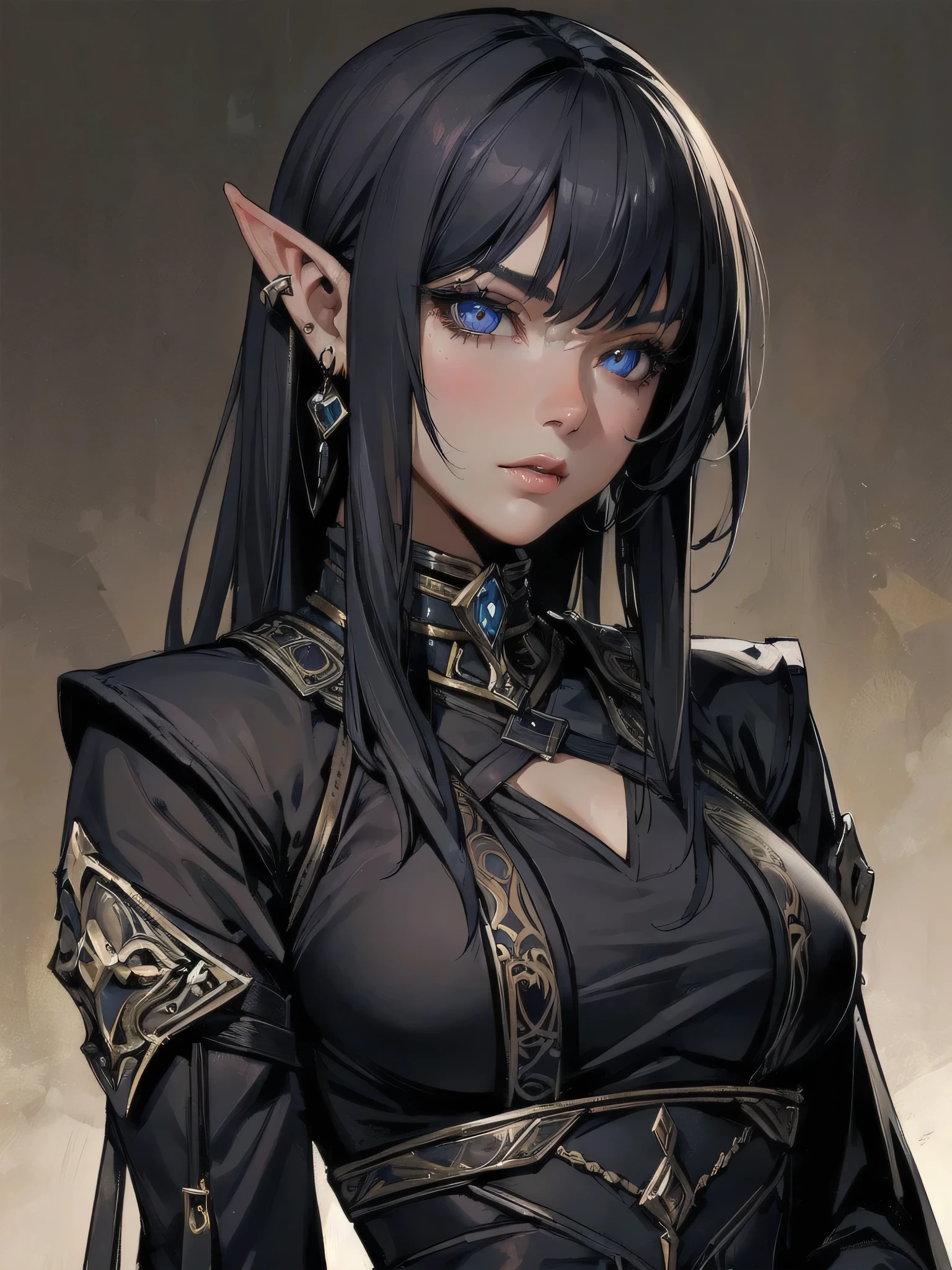 high quality,hd,16k,sharp line,1girl,fantasy,fem
ale dark elf,beautiful hair ,cute face, large breasts ,nice legs,,focus girl,detailed beautiful face,detailed clothes,beautiful eyes,dynamic angle