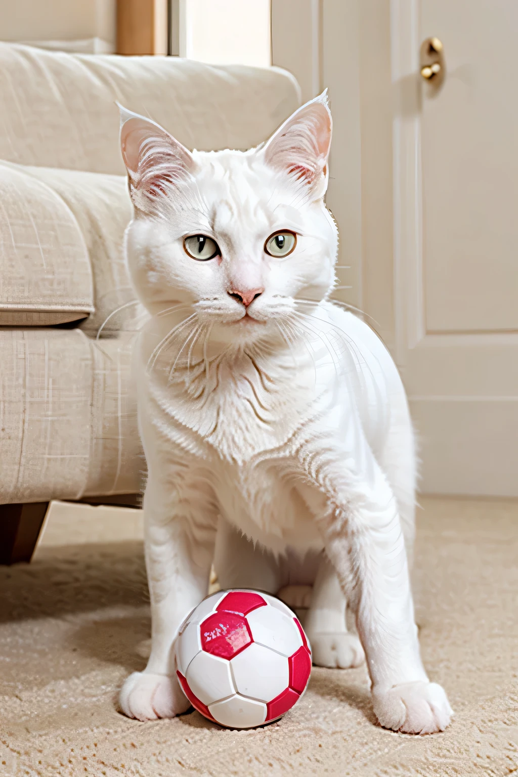 a white cat is playing with ball
