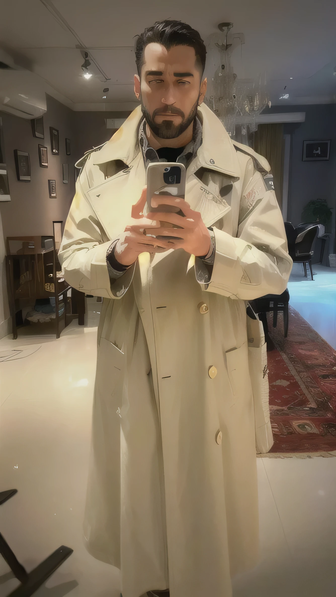 araffe man in a trench coat looking at his cell phone, he is wearing a trenchcoat, trench coat with many pockets, trench coat, trenchcoat, wearing trenchcoat, 8k!!, light brown trenchcoat, wearing a trenchcoat, 8k!, by Romain brook, grey tarnished longcoat, wearing a long beige trench coat