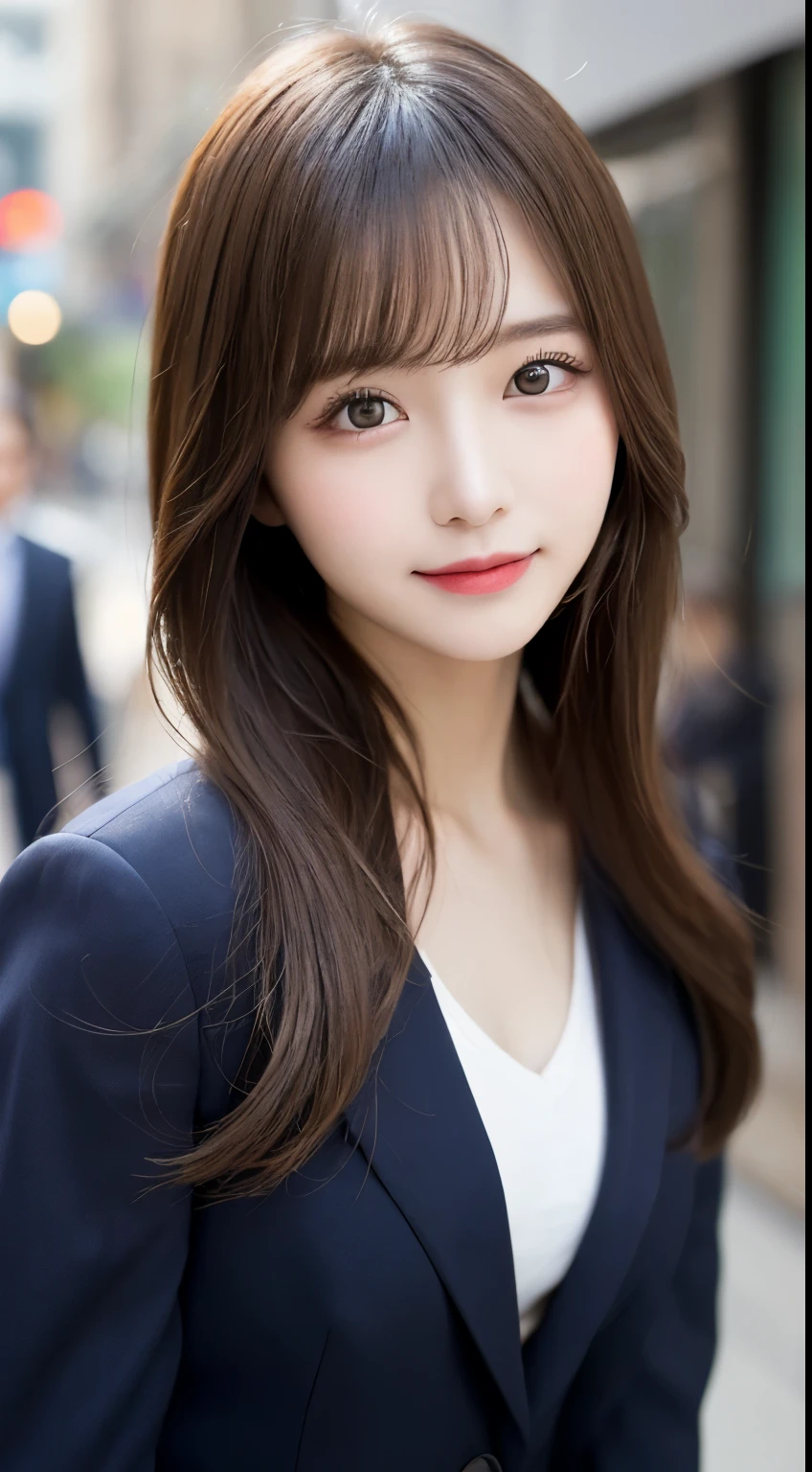 Tabletop, highest quality, shape, Very detailed, finely, High resolution, 8k wallpaper, 完璧なダイナミックな構shape, Beautiful and detailed, Nice spring clothes,Beautiful straight hair,Small breasts,Natural color lip, 20-year-old girl、cute、sexy shot looking at camera,Always blur the background,Perfect and beautiful face、Slim face and figure,Big eyes、Putting on gal makeup,Actual Photos（Best image quality）、Sexy Face、Fashion magazine model pose、A shy smile、suit、office Street、Blurred Background