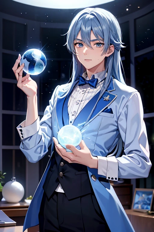 A blue haired male student with silver eyes and long hair in a magical is playing with a ball of silver magic at night
