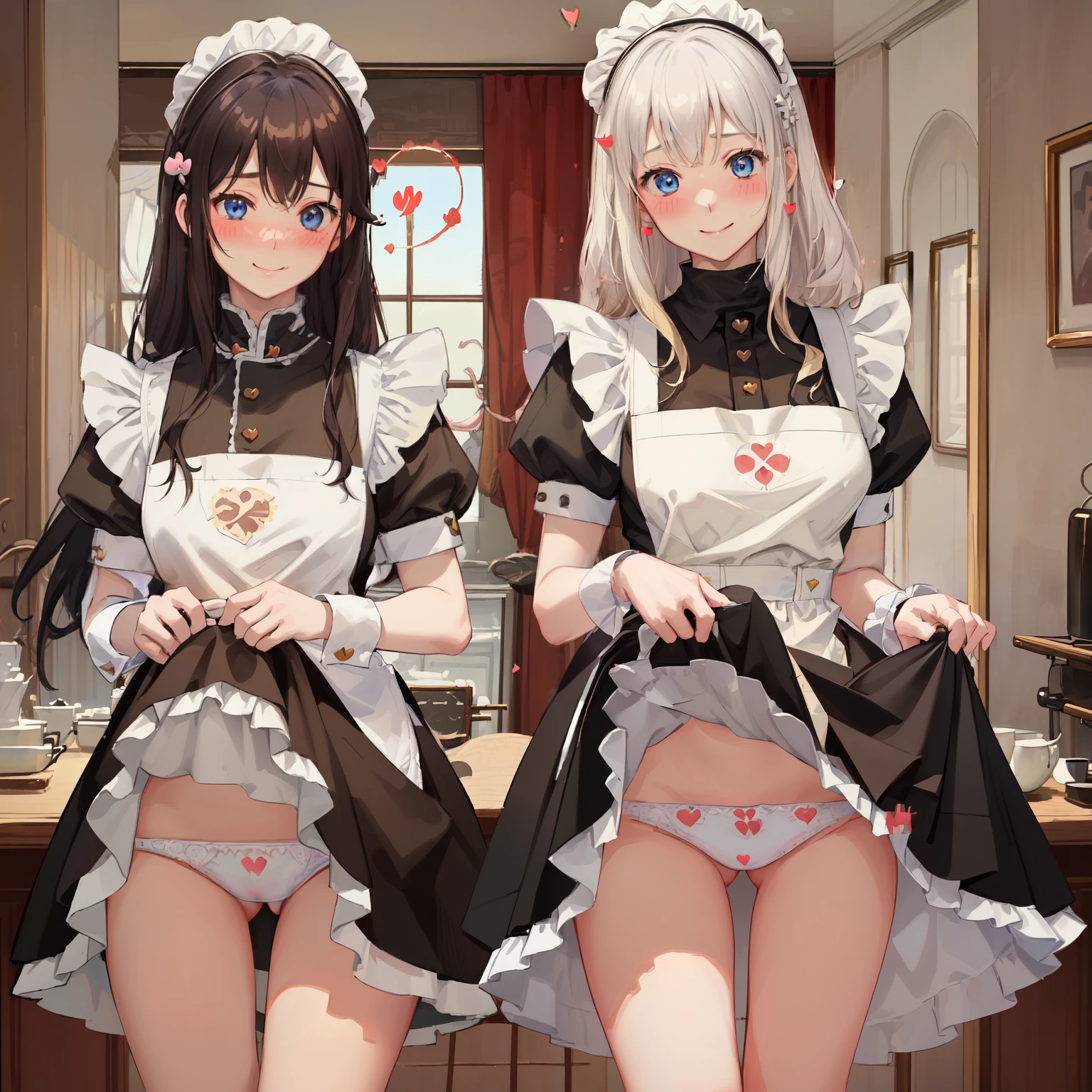 highest quality、masterpiece、((2 girls))、((smile:1.3))、(blush:1.3)、Black Shirt、blouse、((fun!!))、(Small breasts)、()、Blonde、()、((White apron:1.5))、((Maid))、((hair ornaments)),、Kamimei、look at me、 ((in house:1.5))、 Taking a break from watching the audience、Cowboy Shot、(Skirt lift:1.3),(Highly detailed white panties:1.3)、(Highly detailed panties:1.3)、、(スカート that rolls up:1.3)、(Panties fully exposed:1.5)、Light blue eyes、long hair、((spoken heart:1.5))、