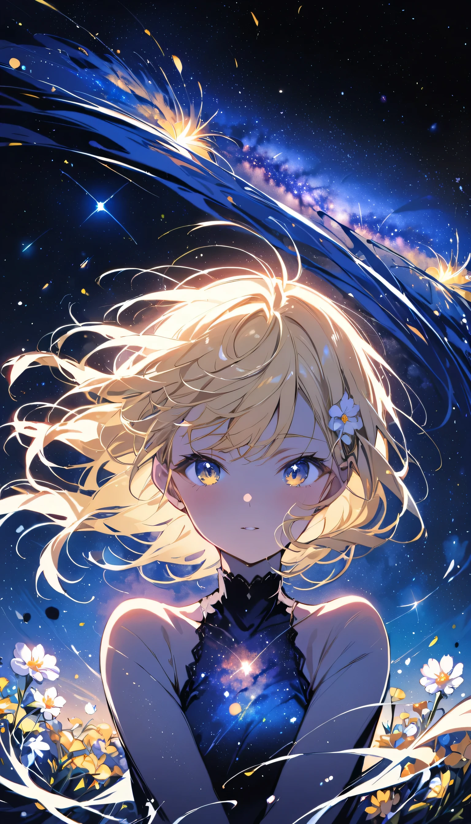 (highest quality, masterpiece), One girl, Pause, particle, Wind, flower, Upper Body, Simple Background, View your viewers, blonde, Milky Way,