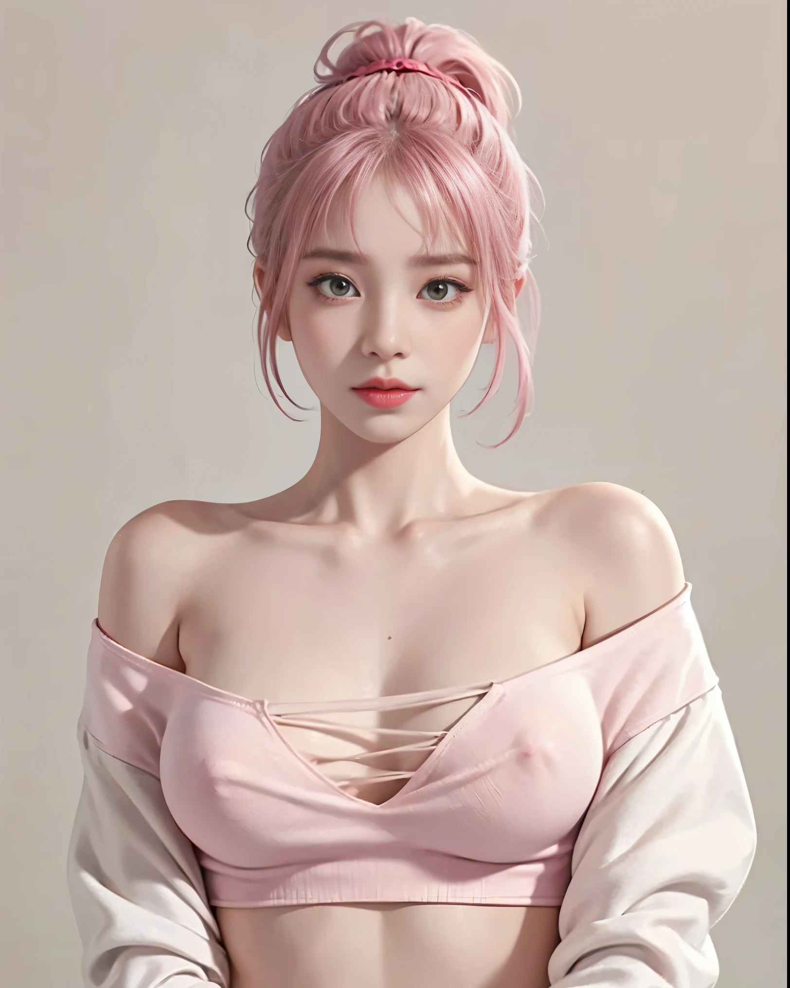 masterpiece, highest quality, 1 girl, naked shirt, shirt tug, shirt, off shoulder, ponytail, Sweaty armpits, Large and big boops, naked body, look at viewer, pink nipples, wear thin clothes