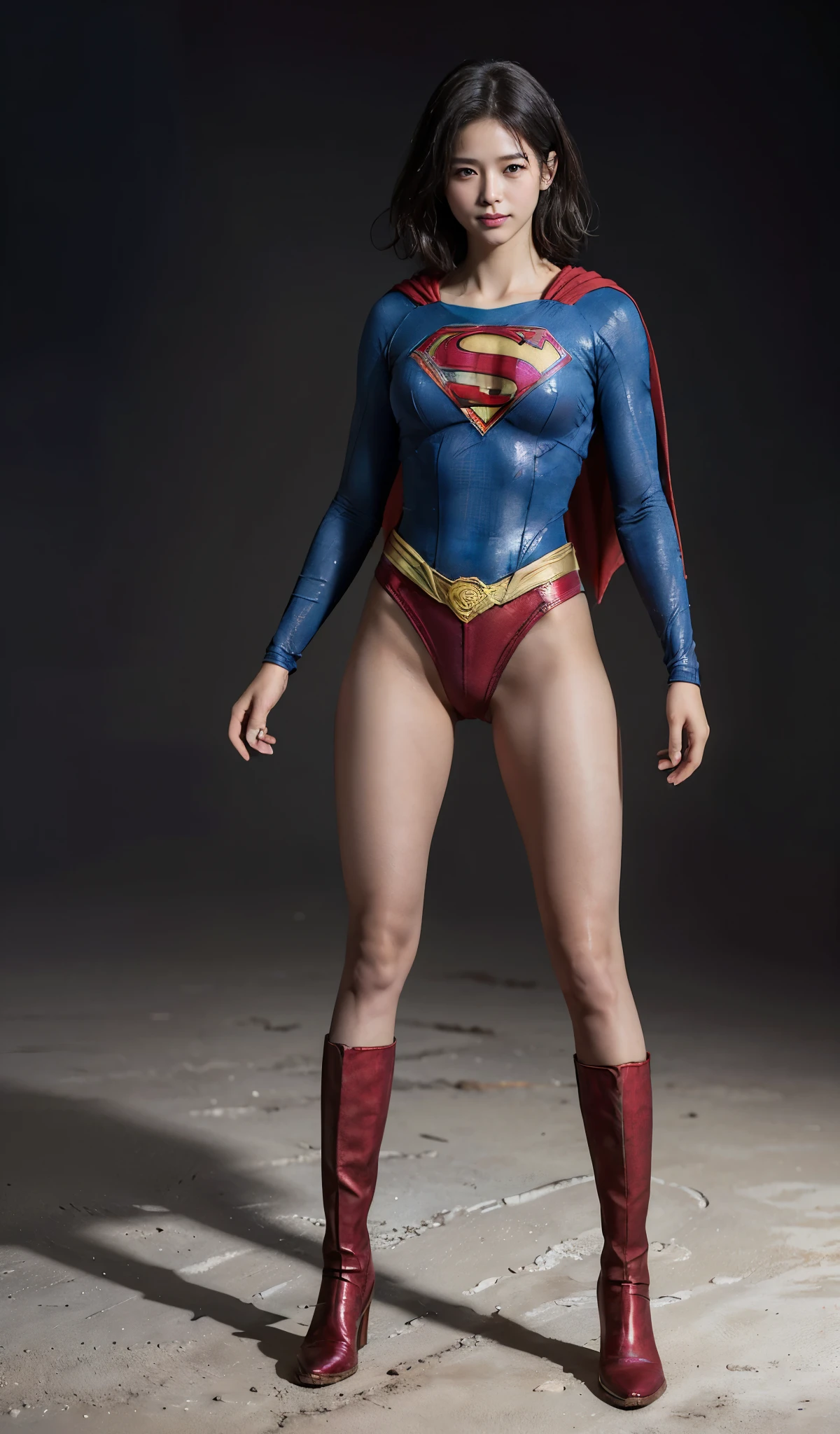 No background、(((Beautiful legs in black tights.)))、(((Legally express the beauty of your smile)))、((((Make the most of your original images)))、(((Supergirl Costume)))、(((beautiful short bob hair)))、(((suffering)))、(((Please wear black tights....、Wear red boots)))、((Best image quality、8K))、((highest quality、8K、masterpiece:1.3))、(((Preserve background )))、Sharp focus:1.2、Beautiful woman with perfect figure:1.4、Thin abdominal muscles:1.2、Wet body:1.5、Highly detailed face and skin texture、8K