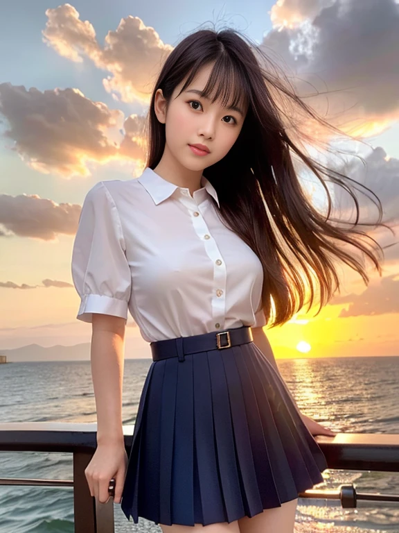 A close up of a woman in a skirt standing near the ocean - SeaArt AI