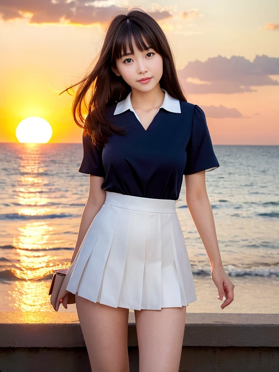 (highest quality, High resolution, Tabletop :1.3), 、Japanese women,(whole body:1.3)、24-years-old、Wearing a miniskirt、(Healthy thighs:1.4)、Even bangs、 Very beautiful face, Beautiful realistic face,Beautiful woman, Orange sunset sky, Sun and clouds with ocean in the background, her hair is black、Long Hairstyles、(She is wearing a white short-sleeved blouse and a navy pleated skirt:1.2), Stand with your feet wide apart,looking at the camera, Dynamic photography