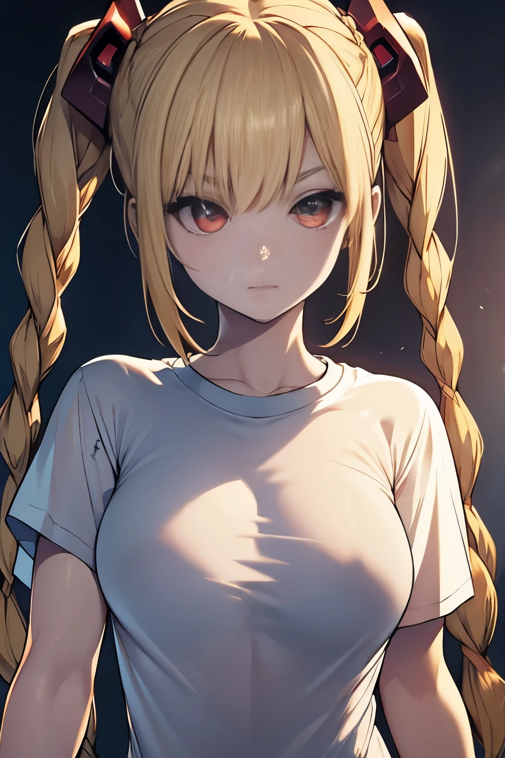 Optimal，masterpiece，High resolution，highest quality，Hyper HD，Very detailed，Award-winning，16k，alone，（Upper Body），Correct Anatomy，Beautiful Cyberpunk Girl，Upper Bodyの写真、Cute face，，blonde、Long Hair、Twin tails、Braid, Hairline，（（Scarlet Eyes）），Long eyelashes，Drooping eyelids，White skin，((shoot from the front:1.5)), ((Tight T-shirt:1.5)), Clock Top、See-through、rocket , (Large Breasts),