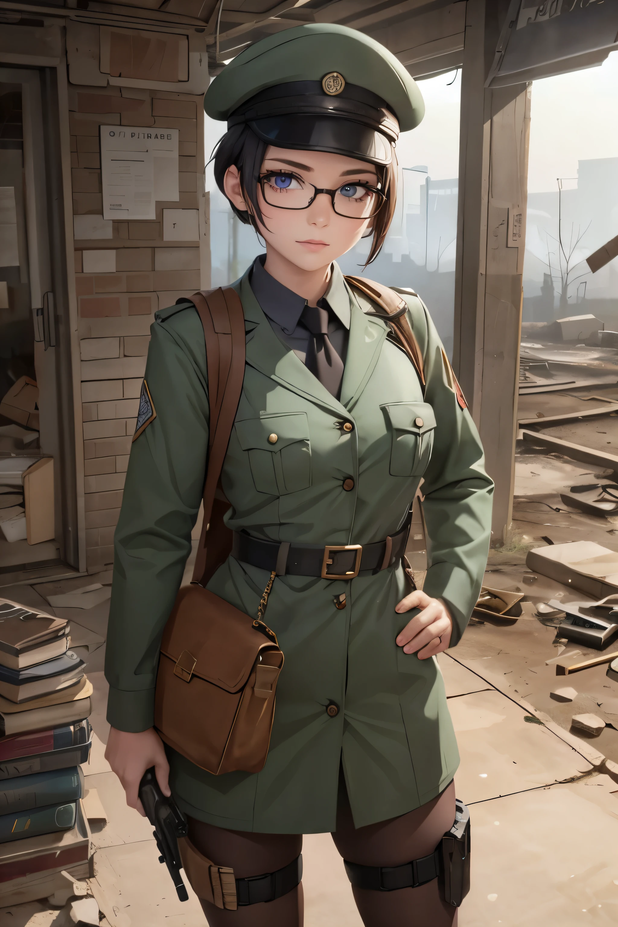 a pretty girl messenger, wearing large glasses, undercut hair, wearing postal uniform, in a post-apocalyptic world