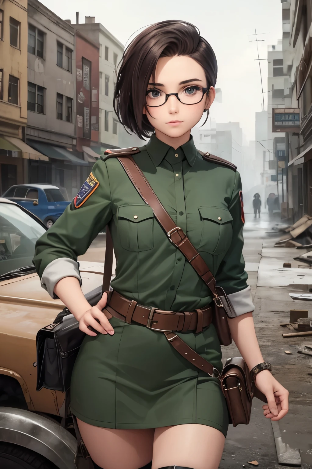 a pretty girl messenger, wearing large glasses, undercut hair, wearing postal uniform, in a post-apocalyptic world