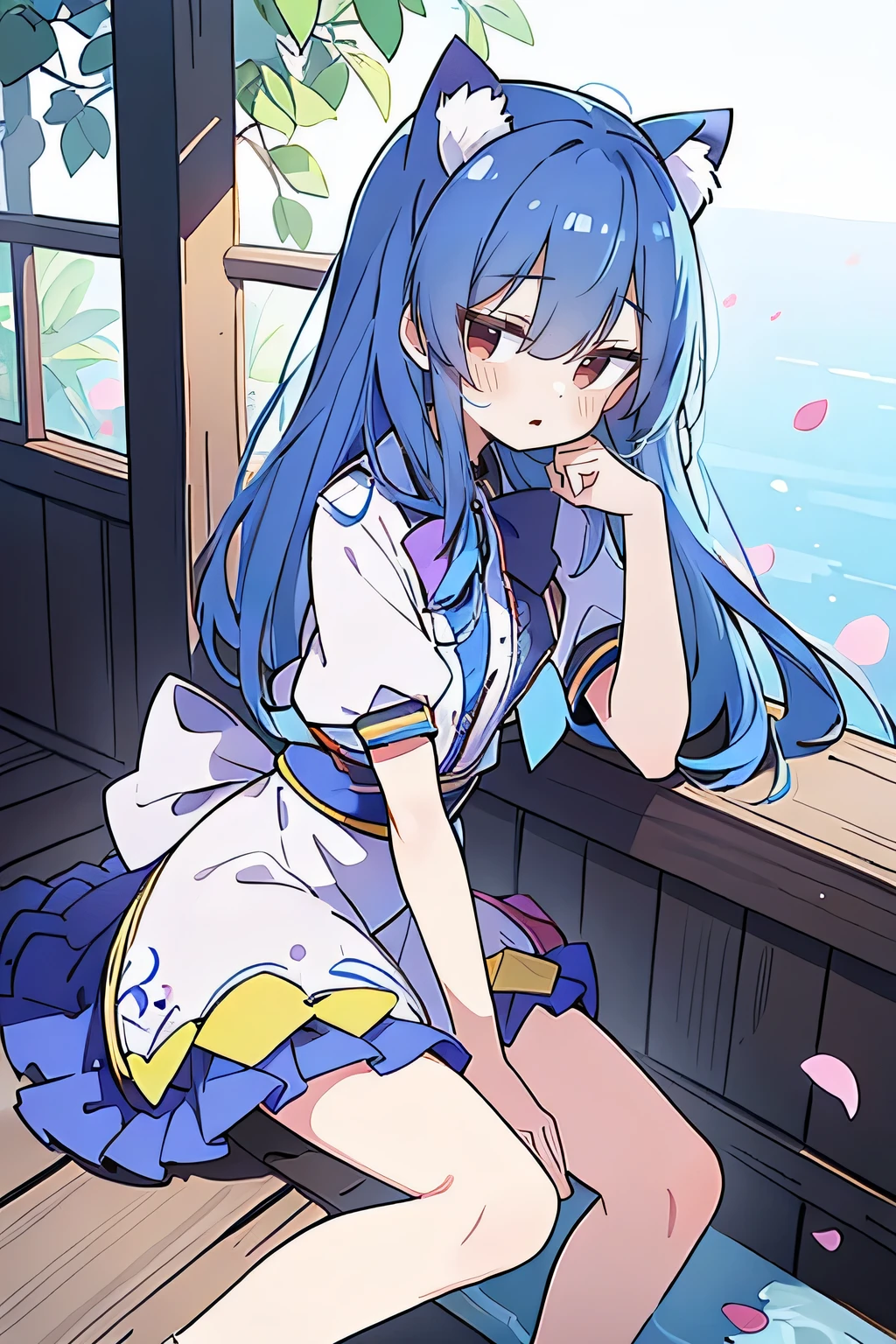 (masterpiece:1.2),ultra-detailed,realistic,expressive eyes,fair-skinned,perfectly shaped face,1girl,
Japanese cartoons,Gorgeous blue hair, flowing blue hair,floating clothes,cat ears,petals falling,beautiful Lola,Hina Angel,
hands on waist,gracefully sitting on the ground,legs crossed,gentle and serene background,cool and comfortable pavilion.