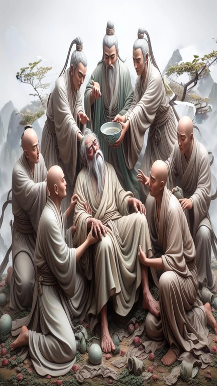 arafed image of a group of people sitting on a rock, by Wen Zhenheng, by Ma Quan, by Wang Ximeng, by Shen Quan, by Ji Sheng, by Qu Leilei, by Wang Zhenpeng, by Bian Jingzhao, by Wang Jian, by Liang Kai, taoist master, taoist priest