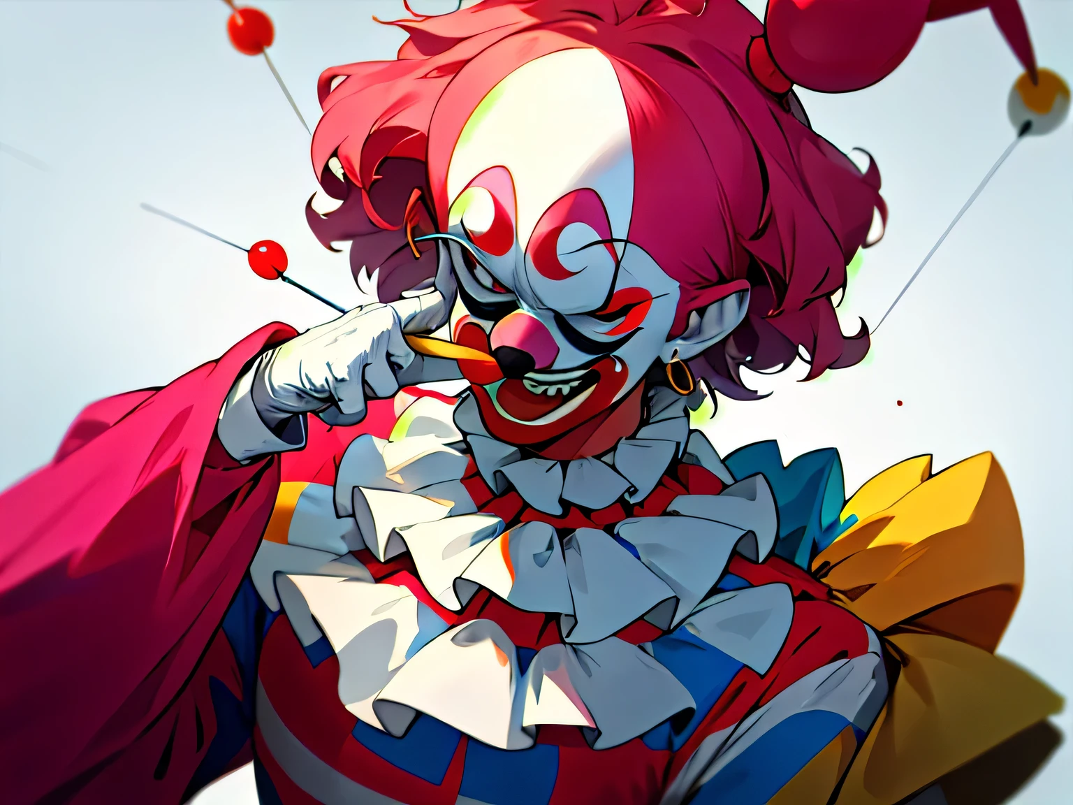 Woman dressed as a clown painted her face like a little clown with a big psycho smile and blood on her face with a knife in her hand with a fat butt