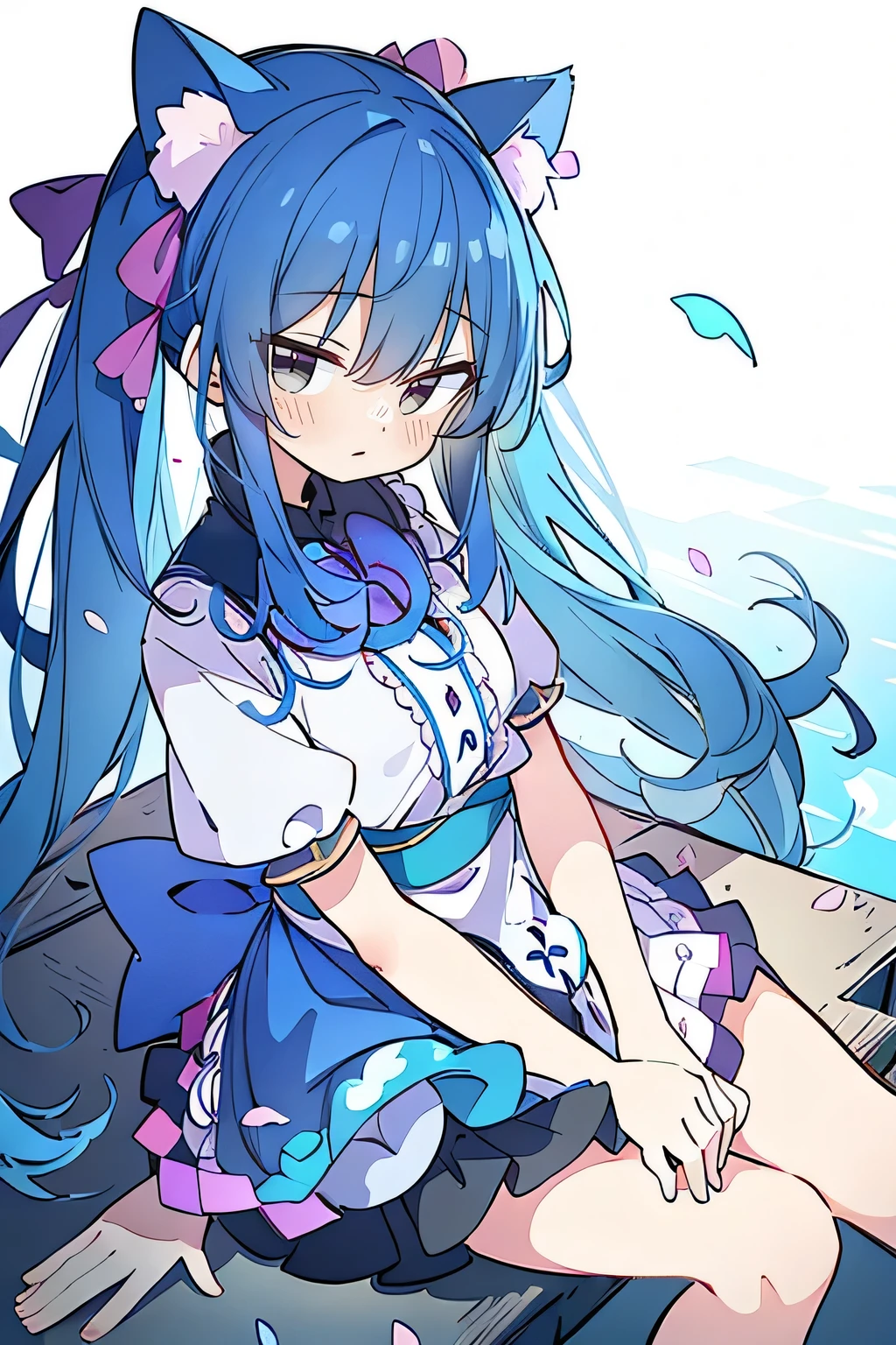 (masterpiece:1.2),ultra-detailed,realistic,expressive eyes,fair-skinned,perfectly shaped face,1girl,
Japanese cartoons,Gorgeous blue hair, flowing blue hair,floating clothes,cat ears,petals falling,beautiful Lola,Hina Angel,
hands on waist,gracefully sitting on the ground,legs crossed,gentle and serene background,cool and comfortable pavilion.