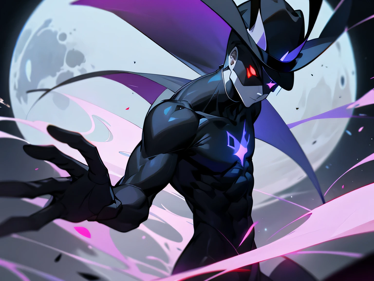 Moon Hu Jason,Glowing eyes,Black suit,Black hat,Slim body