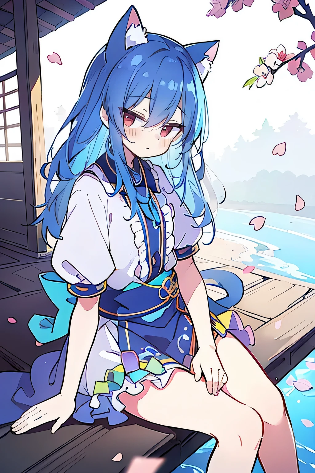 (masterpiece:1.2),ultra-detailed,realistic,expressive eyes,fair-skinned,perfectly shaped face,1girl,
Japanese cartoons,Gorgeous blue hair, flowing blue hair,floating clothes,cat ears,petals falling,beautiful Lola,Hina Angel,
hands on waist,gracefully sitting on the ground,legs crossed,gentle and serene background,cool and comfortable pavilion.